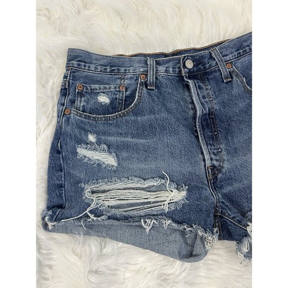 LEVI'S 501 ORIGINAL Womens Size 32 Distressed Denim Cut Off Shorts Raw Hem - Picture 10 of 11